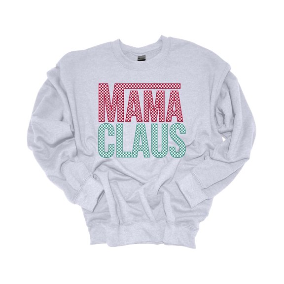 Womens Christmas Sweatshirt Mama Claus Checker Print Festive Holiday Crewneck Sweatshirt-Ash Grey-xxl