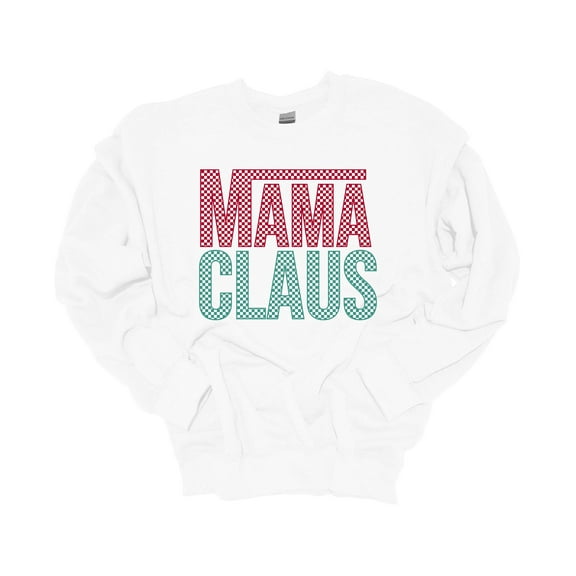 Womens Christmas Sweatshirt Mama Claus Checker Print Festive Holiday Crewneck Sweatshirt-White-xl