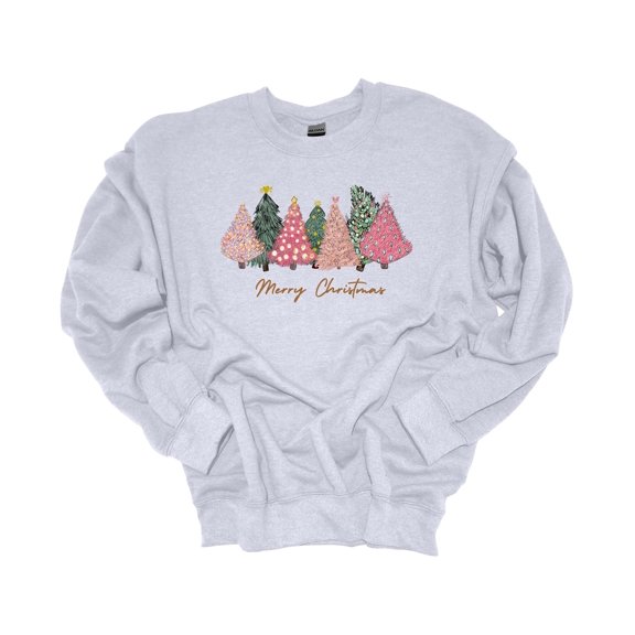 Womens Christmas Sweatshirt Merry Christmas Pink Trees Festive Holiday Crewneck Sweatshirt-Ash Grey-large