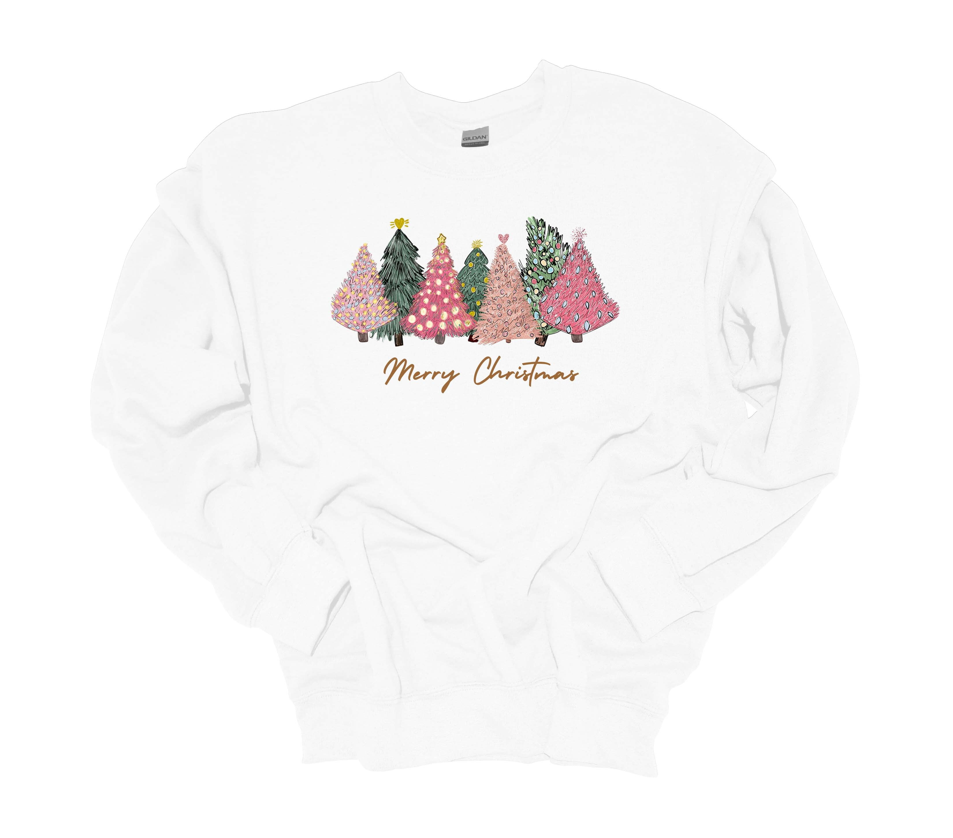 Womens Christmas Sweatshirt Merry Christmas Pink Trees Festive Holiday