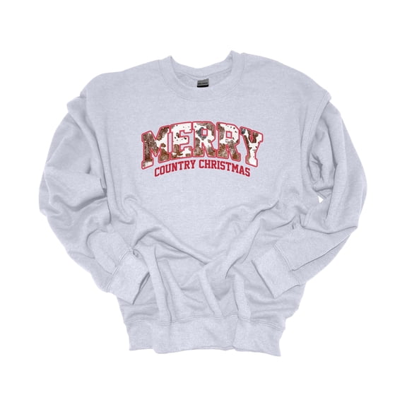 Womens Christmas Sweatshirt Merry Country Christmas Cow Print Festive Holiday Crewneck Sweatshirt-Ash Grey-small