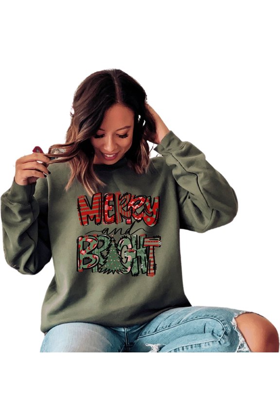 Womens Christmas Sweatshirt, Merry and Bright (MilitaryGreen, Large)