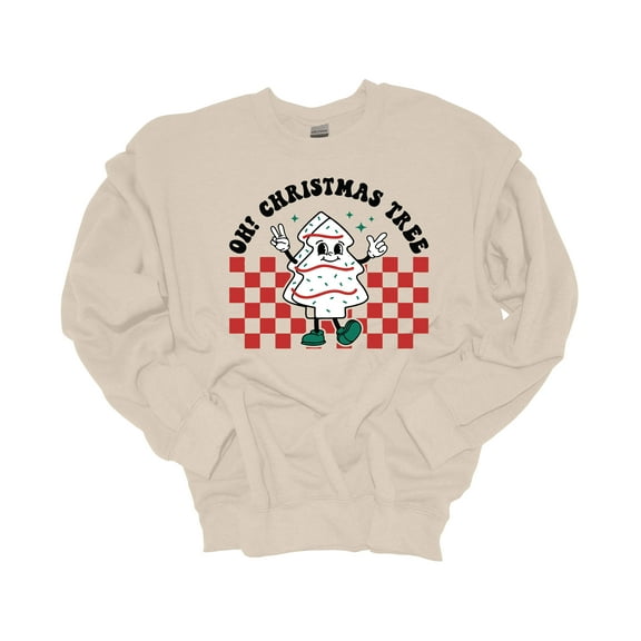 Womens Christmas Sweatshirt Oh Christmas Tree Checkered Crewneck Sweatshirt-Sand-medium