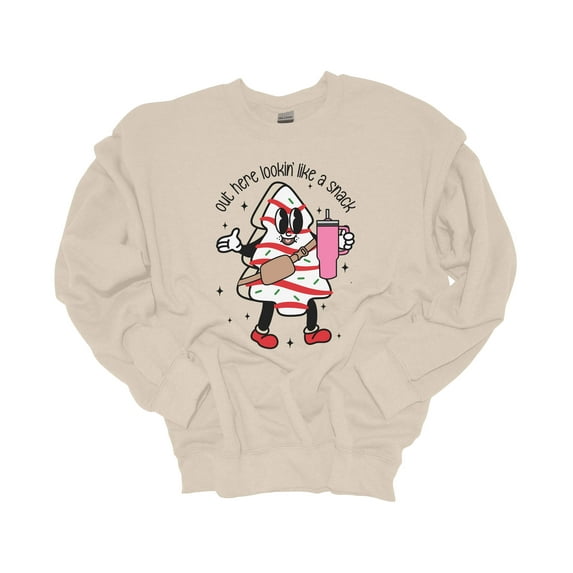 Womens Christmas Sweatshirt Out Here Lookin Like A Snack Christmas Tree Cake With Tumbler Crewneck Sweatshirt-Sand-xxl