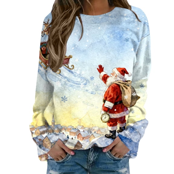 Womens Christmas Sweatshirt Party Women's Sweatshirts Long Sleeve Winter Clothing Funny Santa Claus Cute Clothes Blue1