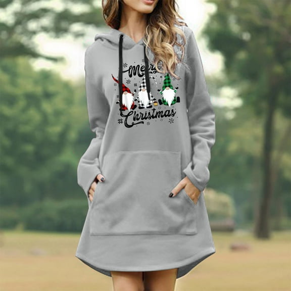 Womens Christmas Sweatshirt Print Hooded Hoody Dress Long Sleeve Pocket Front Pullover Cozy Soft Loungewear Womens Hoodies Grey XL
