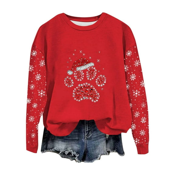Womens Christmas Sweatshirt Round Neck Long Sleeve Xmas Graphic Fashion Casual Loose Fit Pullover Tops (L, Red)