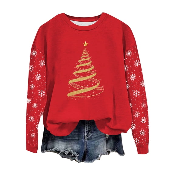 Womens Christmas Sweatshirt Round Neck Long Sleeve Xmas Graphic Fashion Casual Loose Fit Pullover Tops (S, Red)