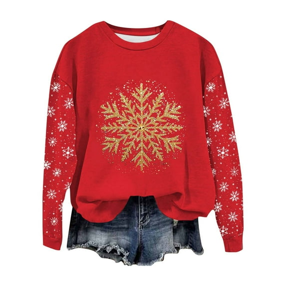 Womens Christmas Sweatshirt Round Neck Long Sleeve Xmas Graphic Fashion Casual Loose Fit Pullover Tops (XL, Red)