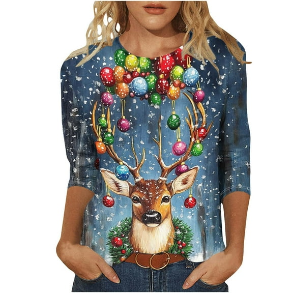 Womens Christmas Sweatshirt Round Neck Tops Long Sleeve Blouse Top Xmas Graphic Pullover Sweater Blouses Casual Tops Comfy Fall Fashion Outfits Winter Clothes 2025