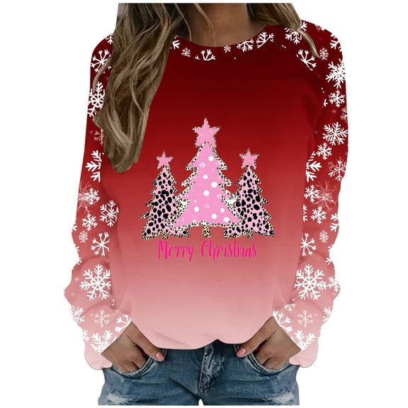 Womens Christmas Sweatshirt Round Neck Tops Long Sleeve Blouse Top Xmas Graphic Pullover Sweater Blouses Casual Tops Comfy Fall Fashion Outfits Winter Clothes 2025