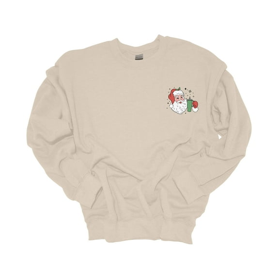 Womens Christmas Sweatshirt Santa With Tumbler Crest Festive Holiday Crewneck Sweatshirt-Sand-small