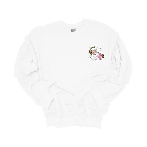 Womens Christmas Sweatshirt Leopard Santa With Tumbler Crest Festive Holiday Crewneck Sweatshirt-White-small