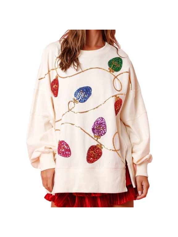 Womens Christmas Sweatshirt Side Slit Sequins Pullover Graphics Long Sleeve Crewneck Sweater Streetwear Gifts