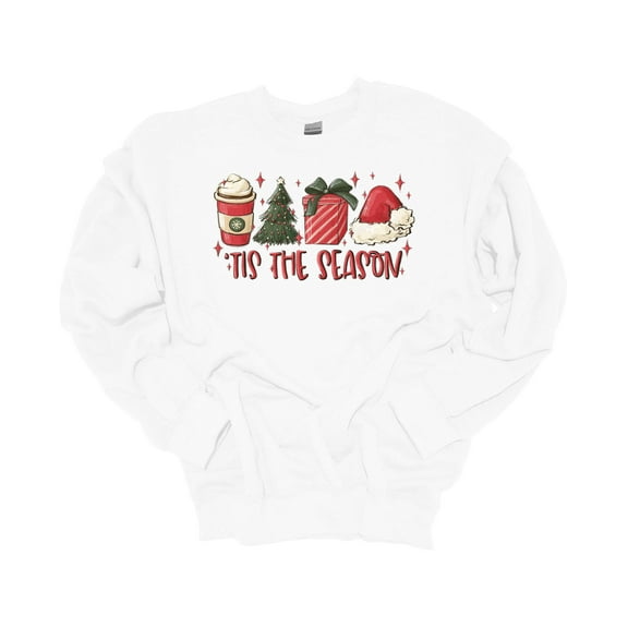 Womens Christmas Sweatshirt 'Tis The Season Coffee Gift Christmas Tree Festive Holiday Crewneck Sweatshirt-White-small