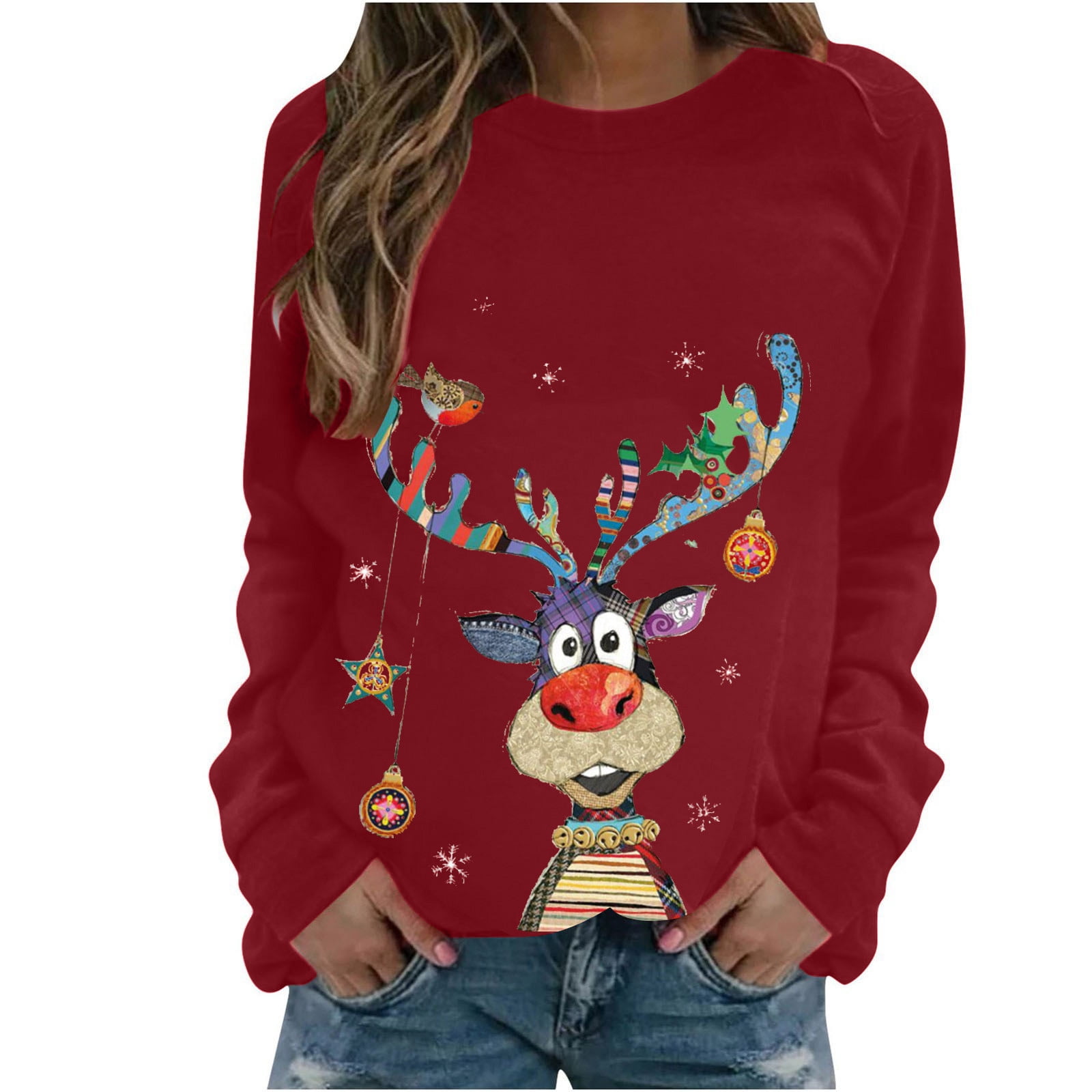 Womens Christmas Sweatshirt Tops Cute Reindeer Printed Tshirts Long
