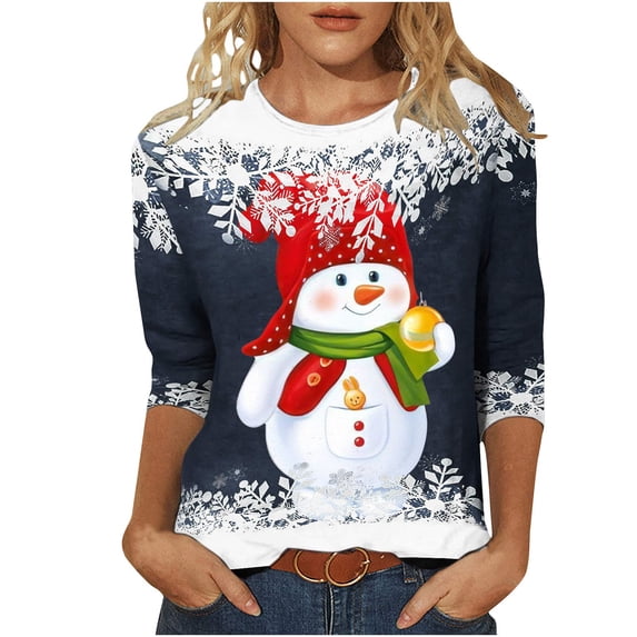 Womens Christmas Sweatshirt Xmas Shirt Funny Snowman Graphic Pullover 3/4 Sleeve Tops Crewneck Sweatshirts Christmas Holiday T-Shirts Loose Fit Xmas Jumpers Festive Xmas Costume