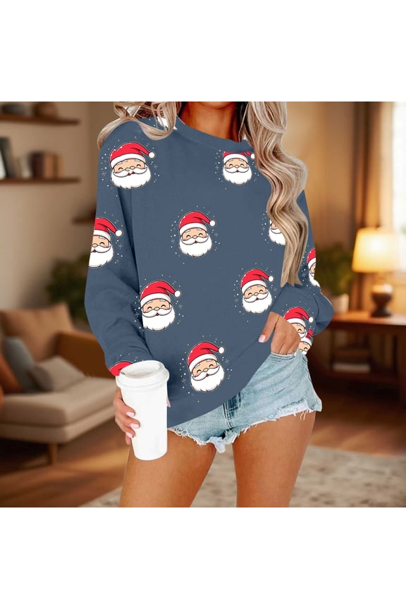 Womens Christmas Sweatshirt Vintage Santa Claus Print Sweatshirts Funny Family Holiday Shirts Casual Loose Xmas Pullover Long Sleeve Crew Neck Top