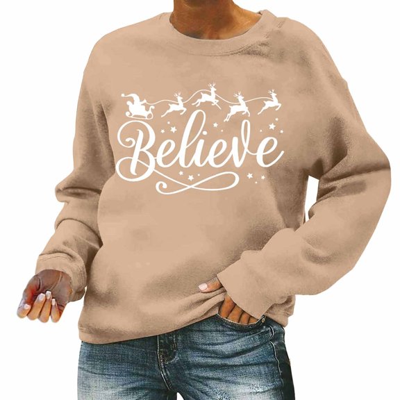 Womens Christmas Sweatshirt Women Believe Christmas Shirt Womens Plaid Tree Xmas Sweatshirt Holiday Shirts Christmas Hoodies Women Khaki L
