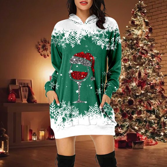Womens Christmas Sweatshirt Women'S Christmas Print Long Tops Casual Sweatshirt Dress Women Hoodies Green L