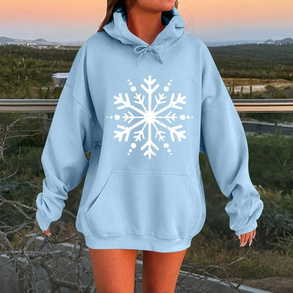 Womens Christmas Sweatshirt Women'S Fashion Casual Winter Christmas Snowflake Print Drawstring Pocket Long Sleeved Sports Tops Oversized Hoodies for Women Sky Blue XL