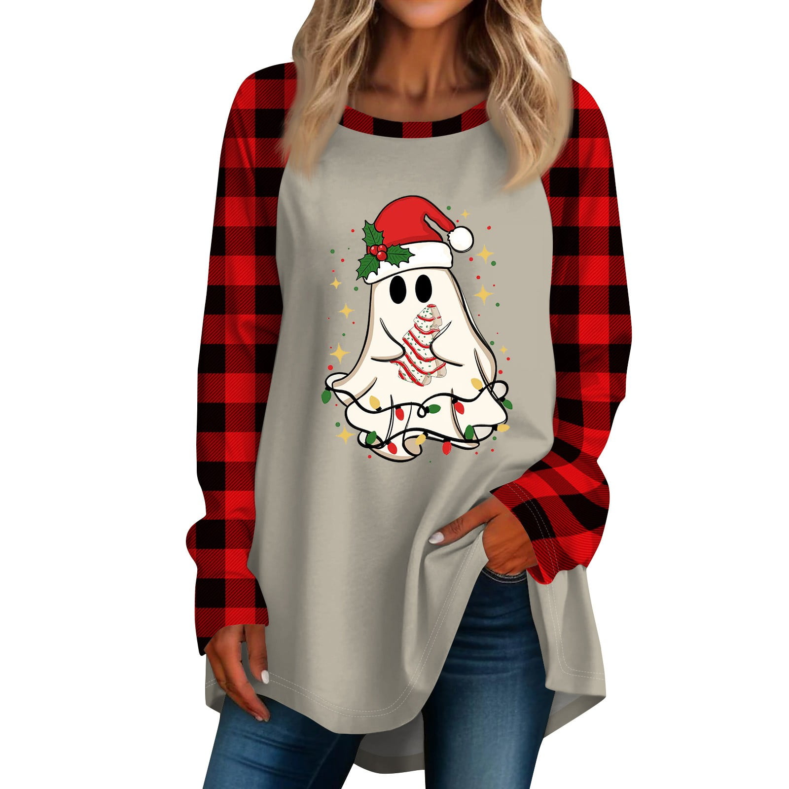 Womens Christmas Sweatshirt Xmas Light Bow Graphic Pullover Tops Long