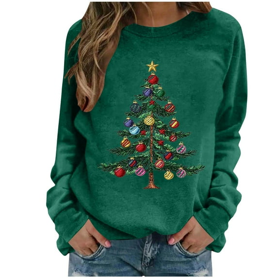 Womens Christmas Sweatshirt Xmas Tree Cute Print Tops Cute Crew Neck Sweatshirts Long Sleeve Merry Christmas Shirts Holiday Outfits for Women