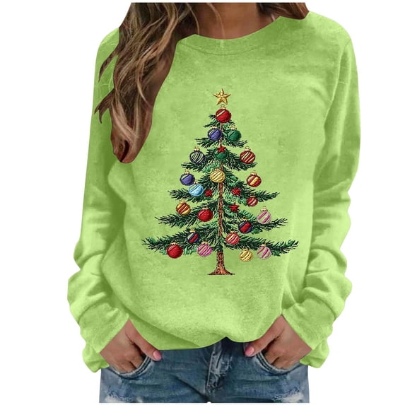 Womens Christmas Sweatshirt Xmas Tree Cute Print Tops Cute Crew Neck Sweatshirts Long Sleeve Merry Christmas Shirts Holiday Outfits for Women