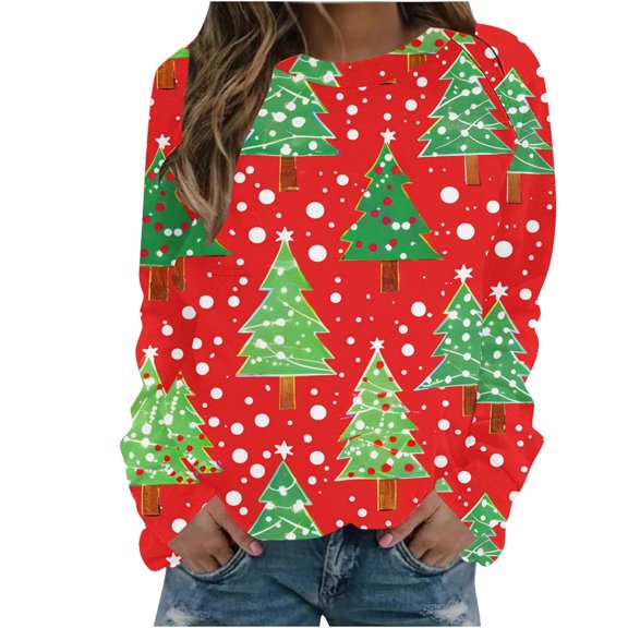 Womens Christmas Sweatshirts 2025 Cute Tree Print Long Sleeve Shirt Fashion Round Neck Graphic Pullover Sweaters (Red S)
