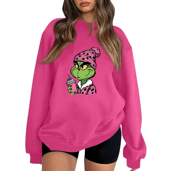 Womens Christmas Sweatshirts 2025 Vintage Santa 2025 Long Sleeve Merry Christmas Pullover Hot Pink Small