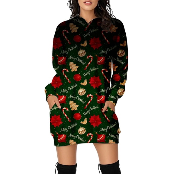 Womens Christmas Sweatshirts Casual Print Long Sleeve Pocket Dress Loose Fit Boho Tops for Women,Dark Green,3XL