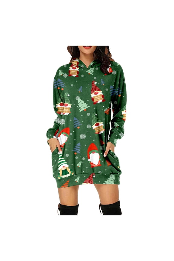 Womens Christmas Sweatshirts Christmas Print Long Casual Dress Womens Autumn and Winter Clothes,Green,XL