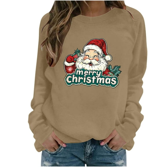 Womens Christmas Sweatshirts Crew Neck Long Sleev Christmas Graphic Print Pullover Casual Loose Cute Festival Tops (S, Khaki-B)