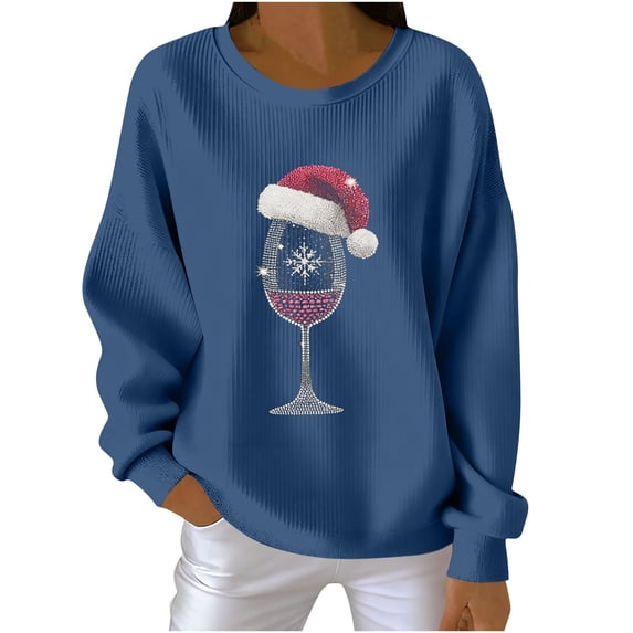 Womens Christmas Sweatshirts Crew Neck Xmas Graphic Print Pullover Plus Size Holiday Casual Loose Tops (XXL, Blue)