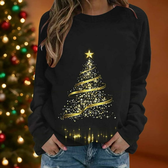 Womens Christmas Sweatshirts Crewneck Christmas Printed Shirts Casual Loose Long Sleeve Sweatshirt Merry Xmas Holiday Party Pullover Sweater Tops