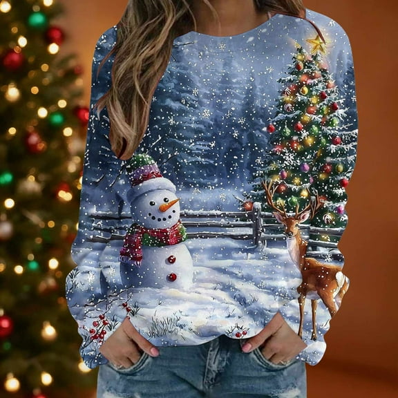 Womens Christmas Sweatshirts Crewneck Christmas Printed Shirts Casual Loose Long Sleeve Sweatshirt Merry Xmas Holiday Party Pullover Sweater Tops