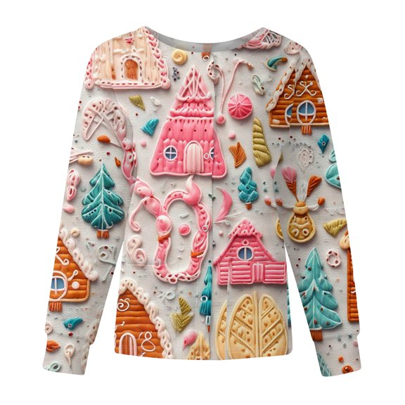 Womens Christmas Sweatshirts Cute Pattern Pullovers Trendy Xmas Festive Top Fall Winter Warm Soft Button Sweatshirts