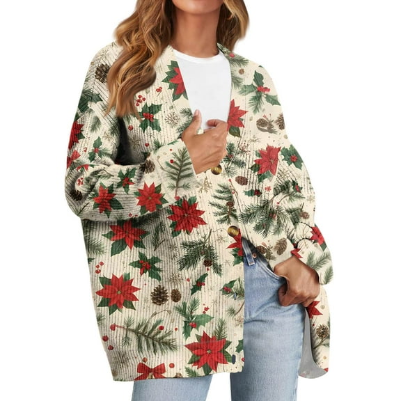 Womens Christmas Sweatshirts Cute Print Pullover Trendy Xmas Festive Tops Fall Soft Lightweight Button Sweater