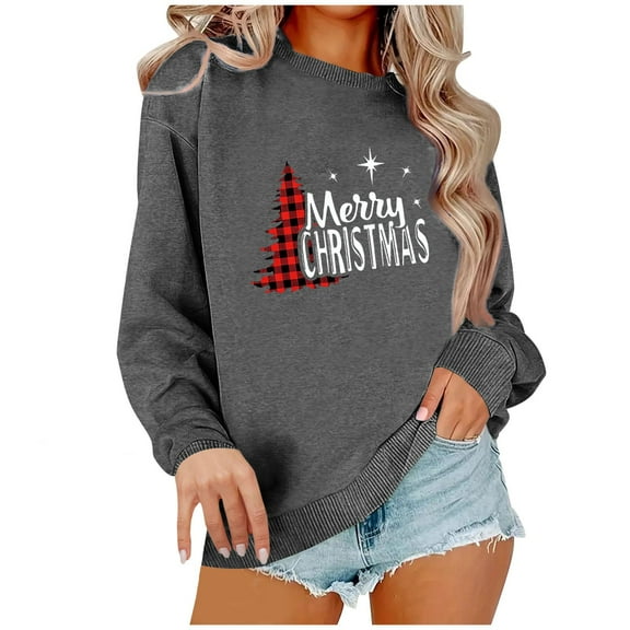Womens Christmas Sweatshirts Fleece Lined Warm Pullover Casual Long Sleeve Sweatshirt for Women Loose Casual Stylish Clothes Going Out Tops 01-Dark Gray XL