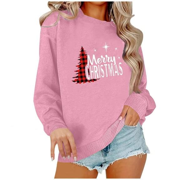 Womens Christmas Sweatshirts Fleece Lined Warm Pullover Casual Long Sleeve Sweatshirt for Women Loose Casual Stylish Clothes Going Out Tops 01-Pink XL