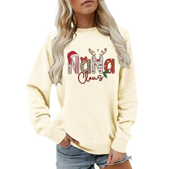 Womens Christmas Sweatshirts Grandma Xmas Nana Claus Print Long Sleeve Crewneck Shirts Holiday Party Casual Trendy Pullover Tops