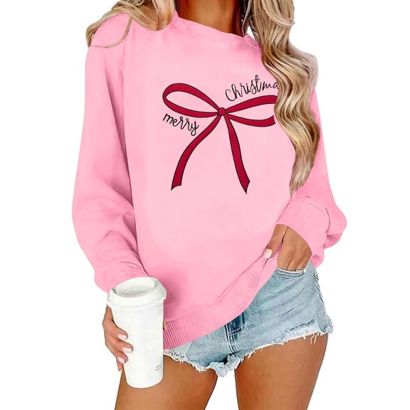 Womens Christmas Sweatshirts Lightweight Crewneck Ugly Sweaters Long Sleeve Loose Xmas Holiday Pullover Tops (XS, Pink-Bow)