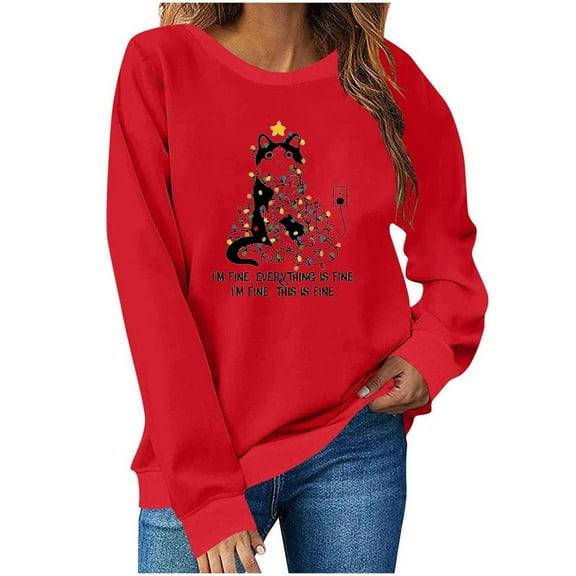 Womens Christmas Sweatshirts Long Sleeves Crewneck Shirts Fashion Christmas Printed Blouses Holiday Merry Pullover Casual Loose Christmas Sweatshirt