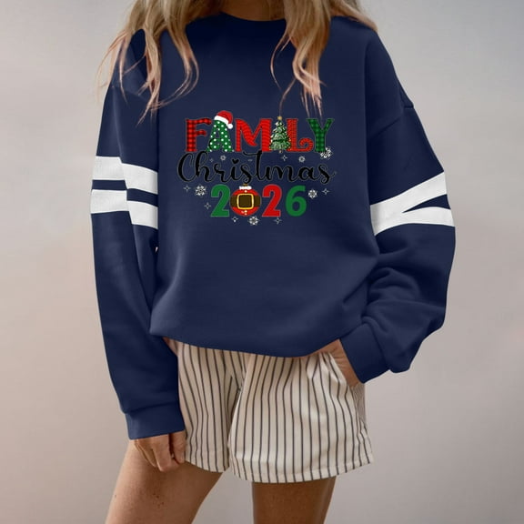 Womens Christmas Sweatshirts Loose Family Christmas 2026 Blouses Fashion Letter Printed Xmas Shirts Casual Long Sleeves Crewneck Pullover Tops
