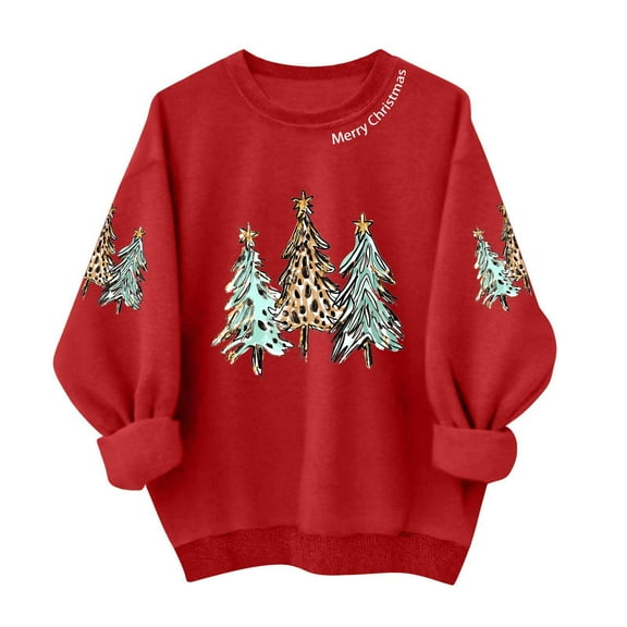 Womens Christmas Sweatshirts Loose Fit Crewneck Printed Long Sleeve Red Tops for Women Holiday Festive Outfits (S, Red 08)