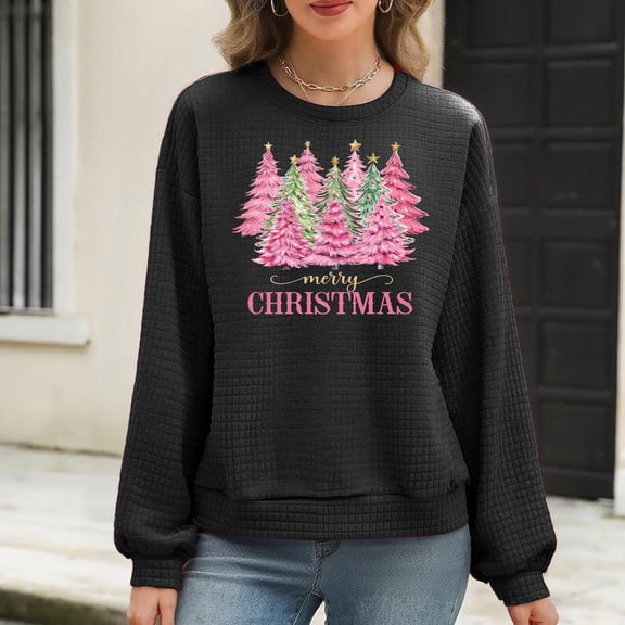 Womens Christmas Sweatshirts Loose Waffle Crewneck Long Sleeve Shirts Christmas Tree Printed Sweaters Casual Fashion Xmas Holiday Party Pullover Tops