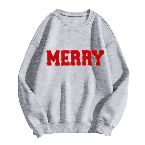 Womens Christmas Sweatshirts Oversized Long Sleeve Crewneck Merry Print Pullover Sweatshirt Cute Winter Loose Casual Women Sweatshirt Grey S