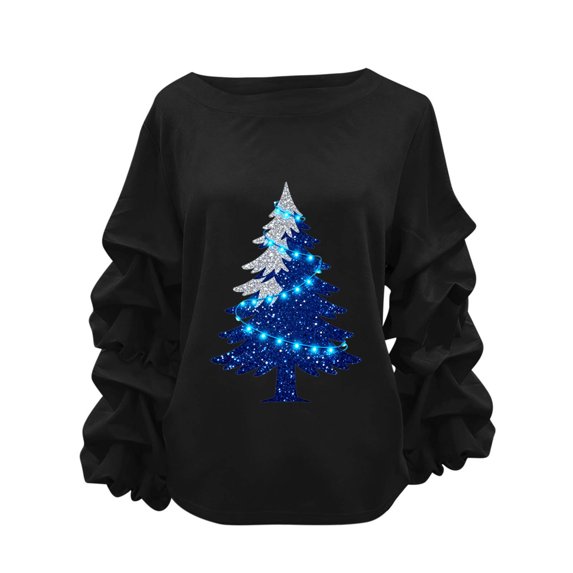 Womens Christmas Sweatshirts Pleated Long Sleeves Christmas Tops Crew Neck Pullover Sweater Blouses Xmas Graphic Dressy Causal Christmas Shirts Top