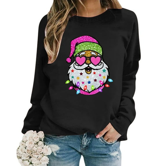 Womens Christmas Sweatshirts Santa Rhinestone Decorated Printed Long Sleeve Crew Neck Hoodie Pullovers