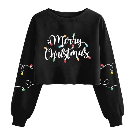 Womens Christmas Sweatshirts Xmas Tree Printed Crop Tops for Teen Girls Casual Crewneck Long Sleeve Pullovers (S, Black A)